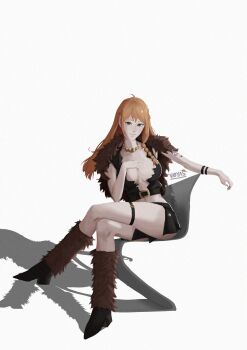 1girl absurdres artist_name boots bracelet braid braided_sidelock breasts brown_boots brown_capelet brown_eyes brown_leg_warmers brown_loincloth capelet chair cleavage closed_mouth commentary crop_top crossed_legs full_body fur_capelet gold_necklace highres jewelry large_breasts leg_warmers legs long_hair looking_at_viewer midriff miniskirt nami_(one_piece) navel necklace official_alternate_costume on_chair one_piece orange_hair shoulder_tattoo simple_background single_sidelock sitting skirt smile solo tattoo thigh_strap thighs voyas white_background