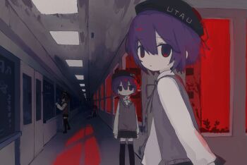 4girls absurdres beret black_eyes black_hat black_sweater black_thighhighs ceiling_light chalkboard clone collared_shirt commentary_request hat highres indoors inonn0133 long_sleeves looking_at_viewer miniskirt multiple_girls neck_ribbon purple_hair ribbon shirt short_hair sidelocks skirt sliding_doors standing sweater sweater_vest thighhighs utane_uta utau walking window