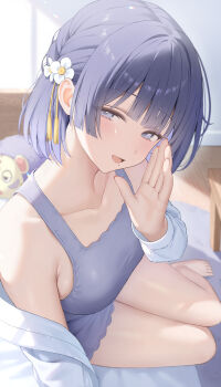 1girl absurdres asmr bare_shoulders barefoot bed_sheet blue_eyes blue_hair blush breasts collarbone commentary_request flower gakuen_idolmaster grey_shorts grey_tank_top hair_flower hair_ornament hataya_misuzu hibimaru highres idolmaster indoors jacket large_breasts long_sleeves looking_at_viewer mole mole_under_mouth off_shoulder on_bed open_clothes open_jacket open_mouth short_hair short_shorts shorts smile solo tank_top thighs toes whispering white_flower white_jacket