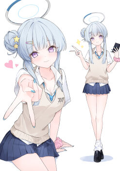 1girl absurdres blue_archive blue_necktie hair_bun halo highres lisu multiple_views necktie noa_(blue_archive) pleated_skirt purple_eyes scrunchie shirt skirt smile v white_background wrist_scrunchie