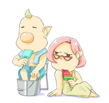1boy 1girl alternate_costume annoyed bare_arms bare_shoulders barefoot big_nose black_eyes blonde_hair blue_male_swimwear brittany_(pikmin) bucket chair closed_eyes commentary_request dress eating feet folding_chair food full_body furrowed_brow glasses hand_on_ground holding holding_food holding_popsicle long_dress looking_at_another louie_(pikmin) male_swimwear naru_(wish_field) nintendo on_chair pectorals pikmin_(series) pink_hair pointy_ears pointy_nose popsicle red-framed_eyewear shadow short_hair simple_background sitting sleeveless sleeveless_dress soaking_feet solid_eyes summer swim_trunks toes topless_male towel towel_around_neck triangular_eyewear very_short_hair watermelon_bar white_background yellow_dress