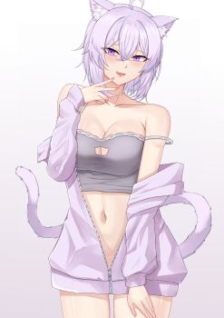 1girl ahoge animal_ear_fluff animal_ears blush breasts camisole cat_ears cat_girl cat_tail cleavage grey_camisole highres hololive jacket kuroyamii large_breasts looking_at_viewer nekomata_okayu nekomata_okayu_(membership) official_alternate_costume purple_eyes purple_hair purple_jacket smile solo tail virtual_youtuber
