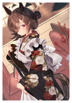 1girl animal_ears apron back_bow booth_seating border bow brown_hair commentary_request cowboy_shot floral_print floral_print_kimono frilled_apron frills hair_bun hair_over_one_eye highres holding holding_menu holding_tray horse_ears horse_girl horse_tail indoors japanese_clothes kimono looking_at_viewer maid maid_apron menu print_kimono purple_eyes restaurant rice_shower_(umamusume) single_hair_bun smile solo tail tray umamusume wa_maid white_border yomean!