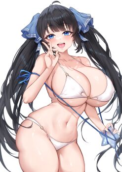 1girl absurdres bikini black_hair blue_eyes blue_ribbon blush breasts cleavage cowboy_shot deogho_(liujinzy9854) dungeon_ni_deai_wo_motomeru_no_wa_machigatteiru_darou_ka hair_ribbon hestia_(danmachi) highres large_breasts long_hair looking_at_viewer navel o-ring o-ring_bikini o-ring_bottom o-ring_top open_mouth ribbon simple_background skindentation solo swimsuit twintails underboob v very_long_hair white_background white_bikini