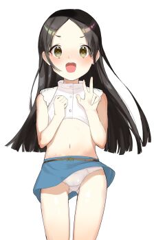 1girl belt black_hair blue_skirt blush brown_belt brown_eyes clothes_lift cowboy_shot crop_top cropped_shirt crotch_seam flat_chest forehead gakuen_idolmaster hands_up highres idolmaster kuramoto_china loli long_hair looking_at_viewer miniskirt navel nose_blush open_mouth panties pantyshot shirt simple_background skirt skirt_lift sleeveless sleeveless_shirt solo standing stomach straight-on straight_hair tesa_otaku underwear v-shaped_eyebrows w white_background white_panties white_shirt wind wind_lift