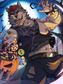 1boy abs artist_name bandages bandaid bandaids_on_nipples bara biceps bracelet bulge candy candy_cane collar ear_piercing fangs feet_out_of_frame food furry furry_male halloween highres holding holding_food holding_pumpkin holding_vegetable jewelry lollipop looking_at_viewer male_focus manly mature_male moon muscular muscular_male night night_sky open_mouth original outdoors pasties pectorals piercing pumpkin red_eyes red_hair saliva saliva_trail scar shorts signature sky solo spiked_bracelet spikes tank_top teeth tongue torn torn_clothes vegetable wolf_boy zifu