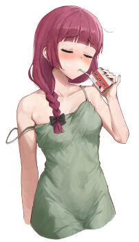 Rule 34 | 1girl, alcohol carton, black bow, blush, bocchi the rock!, bow, braid, closed eyes, covered navel, cowboy shot, cropped legs, desperate airpo, dress, drink carton, drinking, drinking straw, green dress, hair bow, hair over shoulder, highres, hiroi kikuri, holding carton, long hair, purple hair, simple background, single braid, solo, strap slip, white background