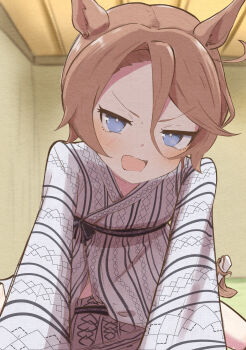 1girl absurdres ahoge animal_ears blue_eyes brown_hair highres horse_ears horse_girl indoors japanese_clothes kimono looking_at_viewer narita_taishin_(umamusume) sitting solo tea76225914 umamusume