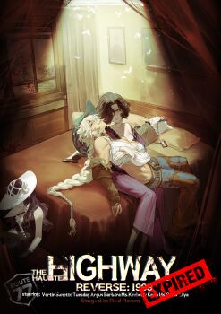 Rule 34 | 4girls, absurdres, anjo nala, argus (reverse:1999), barbara (reverse:1999), black dress, black hair, blue pants, breasts, brown gloves, cleavage, closed eyes, commentary, copyright name, cowboy hat, crop top, curtains, denim, dress, english commentary, english text, gloves, green hat, hair between eyes, hair over one eye, hat, highres, hug, indoors, jeans, loafers, long hair, lying, ms. kimberly (reverse:1999), multiple girls, nell ro, on bed, pants, purple dress, reverse:1999, shirt, shoes, short hair, sitting, sleeping, sleeveless, sleeveless dress, smile, socks, spotlight, tuesday (reverse:1999), white hair, white hat, white shirt, white socks, yellow eyes