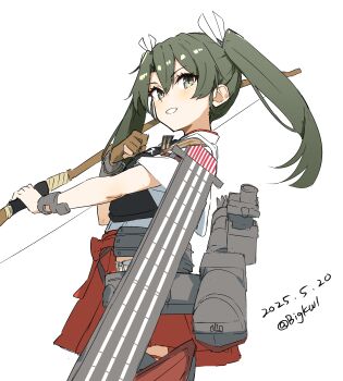 Rule 34 | 1girl, absurdres, bigkwl, blush, bow (weapon), dated, flight deck, gloves, green hair, hachimaki, hair between eyes, hair ribbon, hakama, hakama short skirt, hakama skirt, headband, highres, holding, holding bow (weapon), holding weapon, japanese clothes, kantai collection, long hair, muneate, partially fingerless gloves, partly fingerless gloves, quiver, red hakama, ribbon, skirt, smile, solo, thighhighs, twintails, twitter username, weapon, white ribbon, yugake, yumi (bow), zuikaku (kancolle), zuikaku kai ni (kancolle)