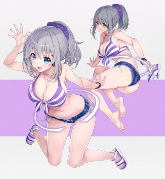 Rule 34 | 1girl, barefoot, bikini, blue eyes, blush, feet, grey hair, highres, kiyama satoshi, long hair, looking at viewer, micro shorts, open mouth, parted lips, ponytail, sandals, shoes, shorts, soles, station memories, sunadabashi akira, swimsuit, toes, unworn sandals, unworn shoes