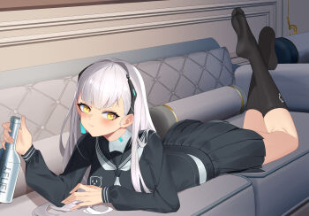 1girl :/ absurdres ak-alfa_(girls'_frontline) black_sailor_collar black_serafuku black_shirt black_skirt blush bottle breasts commentary_request couch crossed_ankles earrings full_body girls'_frontline girls'_frontline_2:_exilium hand_up highres holding holding_bottle indoors jewelry kneehighs legs_folded long_hair lying medium_breasts miniskirt neckerchief on_couch on_stomach pleated_skirt sailor_collar school_uniform serafuku shirt single_earring skirt socks solo taoyan_lajiaomian tololo_(girls'_frontline_2) tololo_(horizon_cruise)_(girls'_frontline_2) very_long_hair white_hair white_neckerchief yellow_eyes
