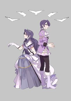 Rule 34 | 1boy, 1girl, ascot, asprosgy, black thighhighs, boots, crossdressing, crossdressing (mtf), crown, dress, eiyuu densetsu, from side, full body, gloves, grey background, highres, joshua bright, kloe rinz, long hair, long sleeves, looking at viewer, purple hair, short hair, simple background, smile, sora no kiseki, thighhighs, two side up, white ascot, white boots, white gloves, yellow eyes