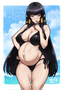 1girl artist_name bare_arms bare_shoulders bikini black_bikini black_choker black_hair blue_sky blunt_bangs blush breasts choker cleavage commentary commission cowboy_shot dead_or_alive english_commentary finger_to_mouth full_cleavage gluteal_fold hand_on_own_hip hand_up highres ko-fi_commission large_breasts long_hair looking_at_viewer navel nyotengu ocean outie_navel parted_lips pregnant purple_eyes rotomdocs side-tie_bikini_bottom sidelocks signature sky smile solo stomach swimsuit tsurime very_long_hair