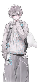 1boy :d angel_wings angel_wings_hair_ornament backpack bag bag_charm bass_clef belt_charm charm_(object) commentary cowboy_shot grey_eyes grey_hair grey_pants grin hair_between_eyes hair_over_one_eye hand_in_pocket hand_up highres hood hood_down hoodie jewelry long_sleeves male_focus multiple_rings musical_note open_mouth original pants patterned_clothing piano_print ring short_hair sil435 simple_background sleeves_past_wrists smile solo star_(symbol) symbol-only_commentary wavy_hair whistle whistle_around_neck white_background white_hoodie wings