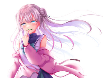 1girl absurdres anemoi bare_shoulders blue_bow blue_bowtie blue_dress blue_eyes blush bow bowtie cardigan cardigan_partially_removed chinese_commentary commentary_request cowboy_shot double_bun dress expressionless eyes_visible_through_hair floating_clothes floating_hair hair_between_eyes hair_bun half-closed_eyes hand_up highres leaf leaf_in_mouth long_hair long_sleeves looking_at_viewer multicolored_eyes open_cardigan open_clothes pink_cardigan pink_eyes school_uniform sidelighting simple_background sleeveless sleeveless_dress solo tsujikura_spica two-tone_dress two-tone_eyes ultra258 very_long_hair white_background white_dress white_hair wind