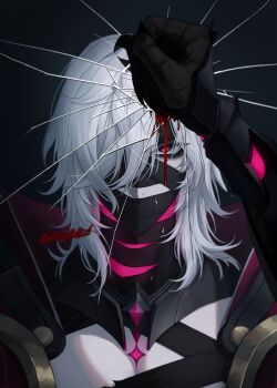 1boy arm_up armor black_armor black_background blood covered_mouth crack cracked_glass gauntlets genshin_impact highres lllliillilliil looking_at_viewer male_focus medium_hair mystical_high_collar one_eye_covered parted_bangs pink_eyes portrait rerir_(genshin_impact) simple_background solo white_hair