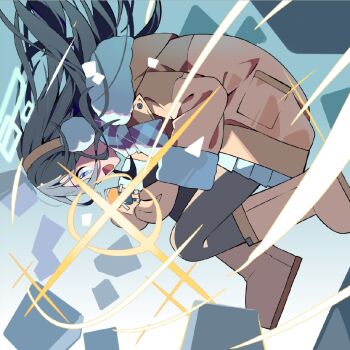 1girl :d aliasing aqua_halo aris_(blue_archive) aris_(winter)_(blue_archive) black_hair black_pantyhose blue_archive blue_eyes blue_scarf boots brown_boots brown_coat brown_hairband brown_mittens coat diffraction_spikes earmuffs floating_hair from_side fur-trimmed_coat fur-trimmed_hood fur-trimmed_sleeves fur_trim hair_between_eyes hairband halo holding hood hood_down hooded_coat kei_(robot)_(blue_archive) long_hair long_hair_between_eyes long_sleeves midair mittens multicolored_scarf official_alternate_costume open_mouth pantyhose pleated_skirt profile purple_scarf rectangular_halo scarf sideways sideways_mouth skirt smile solo suimz white_skirt winter_clothes