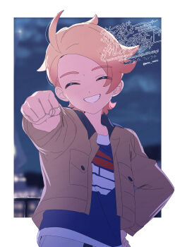 1boy ^_^ blonde_hair blue_shirt brown_jacket closed_eyes fist_bump gradient_hair grin highres jacket male_focus multicolored_hair nintendo pokemon pokemon_legends:_z-a serizawa_serizane shirt short_hair smile solo upper_body urbain_(pokemon) watermark