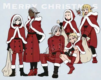 2boys 4girls bags_under_eyes belt black_eyes black_gloves blonde_hair blue_eyes boots cithis cloak dark-skinned_female dark_elf dark_skin dress dungeon_meshi elf facial_mark fairy_(dungeon_meshi) fleki forehead_mark full_body fur-trimmed_cloak fur_trim gloves grey_background grey_hair highres holding holding_sack jacket lazy_eye long_hair looking_at_another looking_at_viewer low_twintails lycion merry_christmas mithrun multiple_boys multiple_girls notched_ear open_mouth otta_(dungeon_meshi) pants pattadol pointy_ears purple_eyes red_dress red_jacket sack santa_costume short_hair simple_background sitting standing sweatdrop tama_._kogifu twintails uneven_eyes yellow_eyes