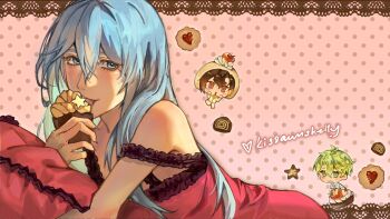 Rule 34 | 3boys, alternate costume, androgynous, arm support, backlighting, bare shoulders, bishounen, black lace trim, blue eyes, blue hair, blue pajamas, blush, border, brown eyes, brown hair, camisole, chibi, cookie, crossdressing, crossdressing (mtf), double-parted bangs, edmond (nu carnival), eyelashes, food, frilled camisole, frills, fruit tart, green eyes, green hair, hair between eyes, hair down, highres, holding, holding food, kissawnshelly, lace, lace border, long hair, looking at viewer, lying, male focus, multiple boys, nu carnival, olivine (nu carnival), on stomach, ornate border, pajamas, parted bangs, pillow, pink background, pink camisole, polka dot, polka dot background, romeo to cinderella (vocaloid), short hair, short sleeves, smile, star (symbol), strap slip, strawberry tart, tart (food), twitter username, yakumo (nu carnival), yellow pajamas