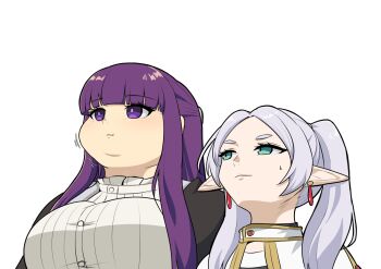 2girls an_(an_chang) blunt_bangs buttons closed_mouth commentary_request earrings fern_(sousou_no_frieren) frieren green_eyes grey_hair highres jewelry long_hair looking_to_the_side meme multiple_girls pointy_ears purple_eyes purple_hair sidelocks simple_background sousou_no_frieren twintails upper_body upward_angle_frieren_drawing_(meme) white_background