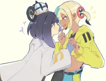 2girls :d :o aqua_hair aqua_pants bad_id bad_twitter_id black_hair black_pants blonde_hair blue_gloves blush bob_cut canari_(pokemon) coat commentary cropped_jacket dark-skinned_female dark_skin english_commentary eyelashes from_side gloves gwynn_(pokemon) hat heart highres holding_hands jacket long_sleeves looking_at_another mask mask_pull midriff minosillies mouth_mask multicolored_hair multiple_girls nintendo open_clothes open_jacket open_mouth pants pokemon pokemon_legends:_z-a purple_eyes purple_hair short_hair smile split-color_clothes split-color_hair twintails white_background white_coat yellow_jacket yellow_nails yuri