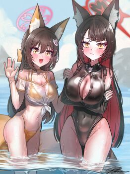2girls :/ :d animal_ear_fluff animal_ears arm_up bikini black_hair blue_archive bracelet breasts colored_inner_hair commentary_request dot_nose fang fox_ears fox_girl fox_tail gold_bikini hair_between_eyes halo highres in_water izuna_(blue_archive) jewelry korean_commentary large_breasts looking_at_viewer mask mask_on_head multicolored_hair multiple_girls navel open_mouth pink_halo red_hair red_halo skin_fang smile solharuu strap swimsuit tail teeth wakamo_(blue_archive) yellow_background
