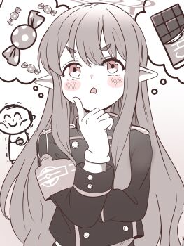 Rule 34 | 1boy, 1girl, absurdres, armband, blue archive, blush, blush stickers, buttons, candy, chocolate, commentary request, d:, doodle sensei (blue archive), double-breasted, drooling, eyes visible through hair, food, gloves, hair between eyes, halo, hand up, highres, hikari (blue archive), holding, holding wallet, index finger raised, limited palette, long hair, long sleeves, mouth drool, no headwear, open mouth, pointy ears, saabyboi, sensei (blue archive), sepia, short eyebrows, sidelocks, simple background, solo focus, speech bubble, sunken cheeks, tareme, thick eyebrows, thinking, thought bubble, trembling, upper body, upturned eyes, v-shaped eyebrows, very long hair, wallet, white background, white gloves