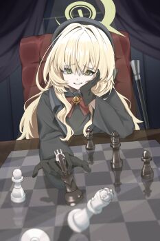 1girl 966_kururu_966 absurdres beret black_coat black_gloves black_hat blonde_hair blue_archive board_game bow bowtie cane chair chess chess_piece chessboard coat commentary_request furrowed_brow gloves green_eyes halo hand_on_own_cheek hand_on_own_face hat head_rest highres holding holding_chess_piece king_(chess) knight_(chess) long_hair long_sleeves looking_at_viewer on_chair pawn_(chess) professor_niyaniya_(blue_archive) queen_(chess) red_bow red_bowtie sitting smirk solo upper_body