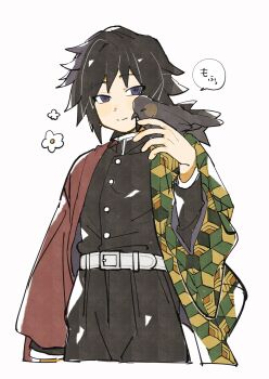 1boy belt bird black_hair black_jacket black_pants blue_eyes buttons closed_mouth cowboy_shot crow demon_slayer_uniform flower hand_up haori high_collar highres holding holding_sword holding_weapon jacket japanese_clothes kanzaburou_(kimetsu_no_yaiba) katana kikkoumon kimetsu_no_yaiba looking_at_animal low_ponytail male_focus nanase_(nanataroo_7) pants ponytail print_haori red_haori simple_background smile solo speech_bubble spiked_hair sword tomioka_giyuu translation_request weapon white_background white_belt white_flower