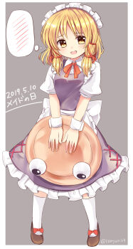 Rule 34 | 1girl, :d, alternate costume, apron, blonde hair, brown hat, brown shoes, collared shirt, commentary request, dated, dress, enmaided, full body, grey background, hair ribbon, hat, highres, holding, holding unworn clothes, holding unworn hat, looking at viewer, maid, maid day, maid headdress, medium hair, moriya suwako, neck ribbon, open mouth, puffy short sleeves, puffy sleeves, purple dress, ramudia (lamyun), red ribbon, ribbon, shirt, shoes, short sleeves, smile, socks, solo, spoken blush, standing, touhou, tress ribbon, twitter username, unworn hat, unworn headwear, waist apron, white apron, white shirt, white socks, wrist cuffs, yellow eyes