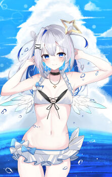 1girl absurdres amane_kanata angel_wings aqua_wings arms_up asymmetrical_bangs bare_shoulders bikini bikini_skirt black_choker blue_hair breasts choker cleavage closed_mouth cloud cloudy_sky colored_inner_hair commentary_request dreamoon feathered_wings gradient_wings grey_hair hair_between_eyes halo highres hololive jewelry long_hair looking_at_viewer multicolored_hair multicolored_wings navel necklace pink_hair single_hair_intake skirt sky small_breasts smile solo stomach swimsuit tilted_halo virtual_youtuber white_skirt white_wings wings yellow_halo