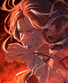 1girl aegyo_sal bleeding blood blood_from_mouth brown_hair burning clenched_teeth collared_shirt embers fire furrowed_brow half-closed_eye hand_up highres infinity_symbol jung_heewon multicolored_hair nadardoh omniscient_reader&#039;s_viewpoint red_eyes serious shirt solo streaked_hair teeth torn_clothes torn_shirt upper_body white_shirt white_streaks wiping_blood