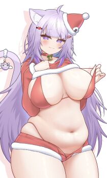 1girl ahoge alternate_hairstyle animal_ear_fluff animal_ears belly bikini bikini_top_pull bikini_under_clothes blush breasts cat_ears cat_girl cat_tail choker christmas clothes_lift fur-trimmed_shorts fur_trim hair_ornament hairclip hand_on_own_chest hat highleg highleg_bikini hololive large_breasts long_hair mochigomemcmc navel neck_bell nekomata_okayu plump purple_eyes purple_hair red_bikini red_choker red_hat red_shirt red_shorts santa_hat shirt shirt_lift short_shorts shorts skindentation smile solo standing swimsuit tail tail_ornament virtual_youtuber whale_tail_(clothing) white_background