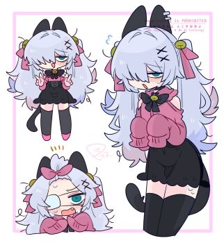 1boy :d animal_ear_piercing animal_ears bare_shoulders bell black_bow black_bowtie black_choker black_corset black_skirt black_tail black_thighhighs blue_eyes blue_hair blush bow bowtie bulge cat_boy cat_ears cat_tail choker clothing_cutout colored_tips commentary corset cowboy_shot crossdressing crossdressing_(mtf) double_v eyepatch fang flipped_hair flying_sweatdrops forehead full_body furrowed_brow hair_bell hair_bow hair_intakes hair_ornament hair_over_one_eye hair_up hands_up highres jitome legs_apart legs_together long_hair long_sleeves looking_at_viewer loose_hair_strand male_focus medical_eyepatch messy_hair multicolored_hair multiple_views narrowed_eyes neck_bell no_nose one_eye_covered op_na_yarou open_mouth original pink_bow pink_shirt pink_shoes portrait quad_tails raised_inner_eyebrows red_hair rigel_(op_na_yarou) see-through_clothes see-through_skirt shirt shoes shoulder_cutout sidelocks simple_background skirt sleeves_past_fingers sleeves_past_wrists smile standing surprised sweat sweatdrop tail thighhighs thighs trap v watermark wavy_mouth white_background white_hair x_hair_ornament