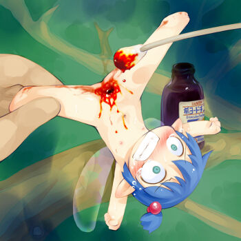 barefoot blood blue_hair censored chibi cotton_swab crazy_eyes fairy feet forest green_eyes guro hair_bobbles hair_ornament hurt injury iodine loli male_hand medical_care mini_person minigirl nature nude pain pussy sakurabe_notos tears toes tree upside-down wings