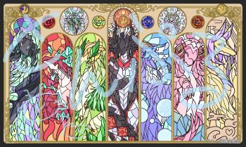 Rule 34 | 6+girls, absurdres, black scales, blue hair, breasts, chamber dragonmaid, character request, claws, commentary request, dragon, dragon girl, dragon horns, dragon tail, dragon wings, dragonmaid cehrmba, dragonmaid ernus, dragonmaid lorpar, dragonmaid nudyarl, dragonmaid sheou, dragonmaid tinkhec, duel monster, eastern dragon, filia regis, green tail, green wings, highres, horns, house dragonmaid, khaos starsource dragon, kitchen dragonmaid, lady's dragonmaid, laundry dragonmaid, miyaji8282, multiple girls, nurse dragonmaid, open mouth, parlor dragonmaid, pink scales, red scales, smile, stained glass, tail, western dragon, wings, yu-gi-oh!