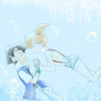 1boy 1girl air_bubble ash_ketchum asymmetrical_hair belt belt_buckle black_hair blue_jacket brown_belt bubble buckle closed_mouth denim eye_contact fingerless_gloves gloves green_eyes green_gloves gym_leader hair_tie holding_hands jacket looking_at_another minamonoyume misty_(pokemon) nintendo open_clothes open_jacket orange_hair pants pokemon pokemon_(anime) pokemon_(classic_anime) ponytail shirt short_hair short_sleeves shorts side_ponytail sleeveless smile suspenders underwater yellow_shirt