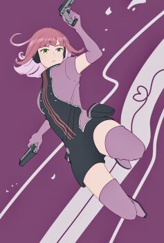 Rule 34 | 1girl, boots, commentary, dual wielding, elbow gloves, gloves, green eyes, gun, heattech leotard, highres, holding, holding gun, holding weapon, jacket, katori squad's uniform, katori youko, leotard, long hair, purple background, purple boots, purple gloves, purple jacket, red hair, rscme99, solo, thigh boots, turtleneck, weapon, world trigger