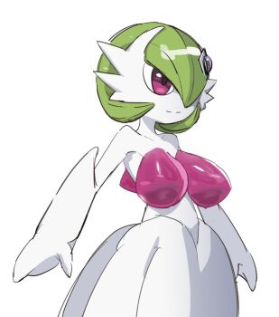 1girl 2025 bob_cut bow_(bhp) breasts colored_skin commentary covered_erect_nipples dress elbow_gloves female_focus gardevoir gen_3_pokemon gloves green_hair hair_over_one_eye large_breasts mega_gardevoir mega_pokemon nintendo pokemon pokemon_(anime) pokemon_(creature) pokemon_focus poketoon red_eyes simple_background smile solo strapless strapless_dress upper_body variant_set white_background white_dress white_skin