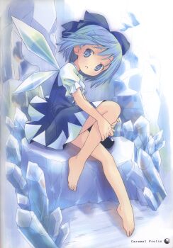 1girl absurdres barefoot blue_dress blue_eyes blue_hair cirno dress fairy female_focus full_body hair_ornament hair_ribbon highres ice ice_wings looking_at_viewer matching_hair/eyes parted_lips pop puffy_sleeves ribbon scan short_hair short_sleeves sitting solo touhou wings