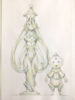 Rule 34 | 1boy, 1girl, capelet, chess piece, closed mouth, commentary, dot mouth, full body, hair over one eye, hat, heart, height difference, helmet, highres, leotard, long hair, long skirt, looking at viewer, monochrome, original, pawn (chess), peter salt, puffy pants, queen (chess), skirt, standing, tall female, traditional media, very long hair, white background