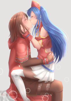 _imnekki blue_hair brown_hair closed_eyes fire_emblem fire_emblem:_the_binding_blade hands_on_own_hips highres holding_face kiss lilina_(fire_emblem) nintendo red_headwear rutger_(fire_emblem) sitting sitting_on_lap sitting_on_person