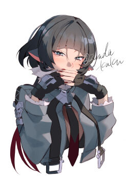 1girl absurdres animal_ears artist_name black_bra black_gloves black_hair blue_eyes blush bra breasts covering_own_mouth fingerless_gloves fishnet_top fishnets fur-trimmed_jacket fur_trim gloves grey_jacket hair_between_eyes hair_over_one_eye highres jacket jane_doe_(zenless_zone_zero) long_hair looking_at_viewer mouse_ears mouse_girl multicolored_hair necktie red_hair red_nails see-through_clothes simple_background solo twitter_username two-tone_necktie underwear upper_body white_background zenless_zone_zero zunda_kaku