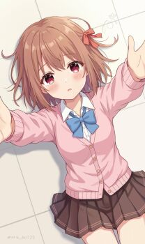 1girl blue_bow blue_bowtie blush bow bowtie breasts brown_hair brown_skirt buttons cardigan collared_shirt commentary_request cowboy_shot dot_nose grid_background hair_bow hand_up highres long_sleeves looking_at_viewer lying miniskirt on_back open_mouth original pink_cardigan pleated_skirt red_bow red_eyes school_uniform shirt short_hair signature skirt solo striped_clothes striped_skirt twitter_username uru_aoi23 white_shirt wing_collar