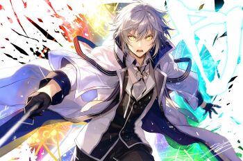 1boy alec_ygret black_gloves black_hair black_vest coat commentary_request gloves holding holding_wand male_focus mikata_ga_yowasugite_hojo_mahou_ni_tesshiteita_kyuutei_mahoushi_tsuihou_sarete_saikyou_wo_mezashimasu open_mouth solo vest wand white_coat yellow_eyes yuunagi_(seventh_heaven)