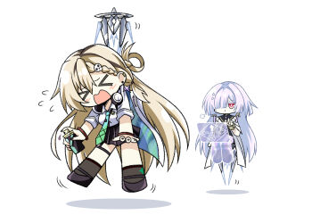 >_< 2girls black_skirt blonde_hair breasts can commentary_request earrings green_necktie grey_hair hair_ornament hair_over_one_eye headphones headphones_around_neck holding holding_can jewelry korean_commentary long_hair lynae_(wuthering_waves) medium_breasts mornye_(wuthering_waves) multiple_girls necktie open_mouth pout puff_of_air red_eyes shirt simple_background skirt skull_hair_ornament spray_can star_(symbol) star_earrings triangle_earrings white_background white_shirt windy_(jazz9207) wuthering_waves