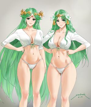 2021 2girls artist_name blouse blush breasts cameltoe cleavage collarbone color_connection dated diadem female_focus fire_emblem fire_emblem:_three_houses flower green_eyes green_hair grey_background hair_color_connection hair_flower hair_ornament highres kid_icarus large_breasts long_hair look-alike looking_at_viewer matching_hair/eyes multiple_girls navel nintendo palutena panties parted_bangs rhea_(fire_emblem) sendo_(sendrawz) shirt signature simple_background skindentation smile standing thighs trait_connection underwear very_long_hair white_panties white_shirt