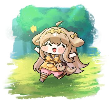 Rule 34 | 1girl, 2ta2ta, :3, ahoge, animal ears, bag, bell, blush, bow, bow hairband, brown bag, brown hair, brown thighhighs, bug, butter (trickcal), butterfly, center-flap bangs, chibi, chibi only, closed eyes, commentary, dog ears, dog girl, dog tail, dress, ear bow, full body, grass, hairband, highres, insect, long hair, multicolored thighhighs, neck bell, open mouth, outdoors, outstretched arms, pinafore dress, pink shoes, pink shorts, running, shirt, shoes, short sleeves, shorts, shoulder bag, sleeveless, sleeveless dress, smile, solo, spread arms, striped clothes, striped thighhighs, symbol-only commentary, tail, thighhighs, tree, trickcal, two-tone thighhighs, white shirt, yellow bow, yellow dress, yellow hairband, yellow thighhighs
